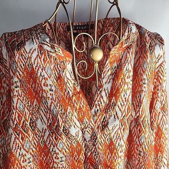 Orange Diamond Pattern Tunic 3/4 Sleeves Size L Chiffon - Picture 1 of 6